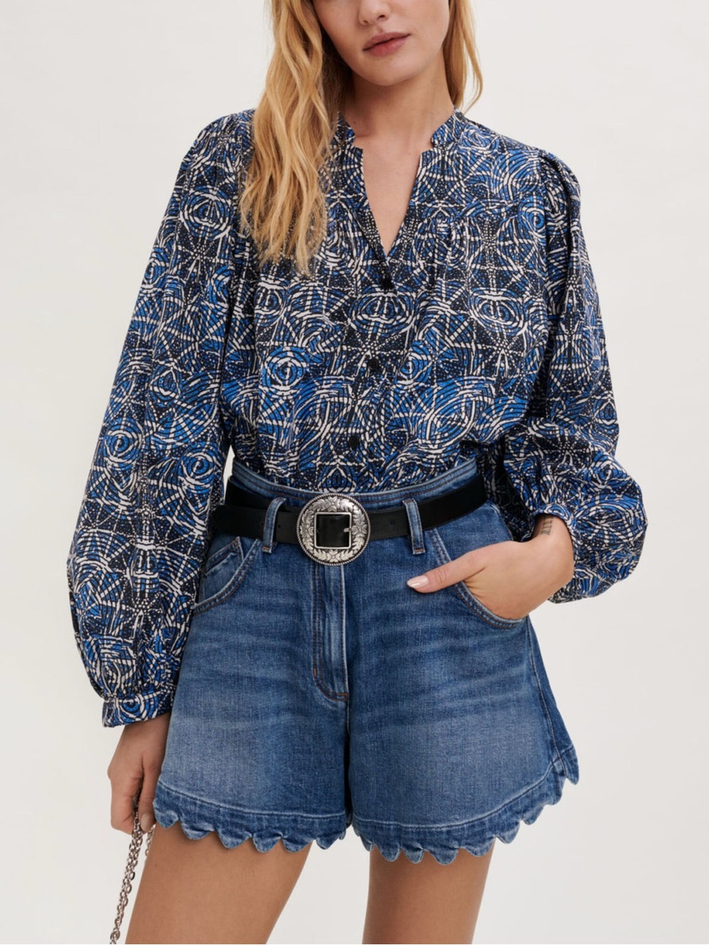 Maje Boho Blue Multi-Print Peasant Blouse